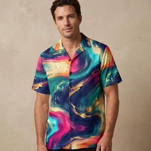 Men's 90s Abstract Liquid Marble Button Down Shirt, Resort Wear Festival Outfit