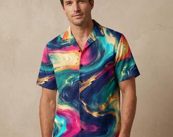 Men's 90s Abstract Liquid Marble Button Down Shirt, Resort Wear Festival Outfit
