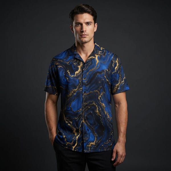 Men's Blue Gold Marble Print Button-Up Shirt – Abstract Vacation Resort Wear