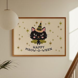 Decoración de Halloween: Feliz Meow-O-Ween, Lámina para fiesta de gato negro (Descarga digital, Horizontal)