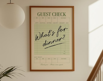Funny Poster: What’s For Dinner, Guest Check Print, Sage Green Wall Art, Dopamine Decor, Kitchen Poster, Trendy Poster (Digital Download)