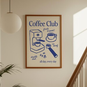 Kitchen Wall Art: Coffee Club Print, Blue Illustrated Espresso Poster, Coffee Bar Decor (Digital Download, Vertical)