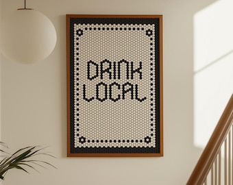 Coffee Bar Sign: Drink Local, Retro Tile Print (Digital Download, Vertical)