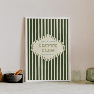 Lámina del Club del Café, Arte de pared retro, Láminas de cocina a rayas verdes (Descarga digital, Vertical)
