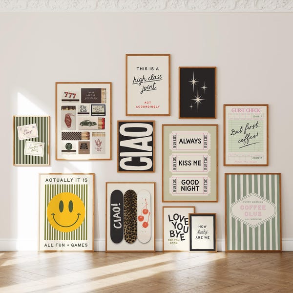 Trendiges Poster Set mit 12 Prints: Kunstdrucke für ganzes Haus, Dopamin-Dekor, druckbare Wandkunst, eklektische Prints (Digitaler Download)