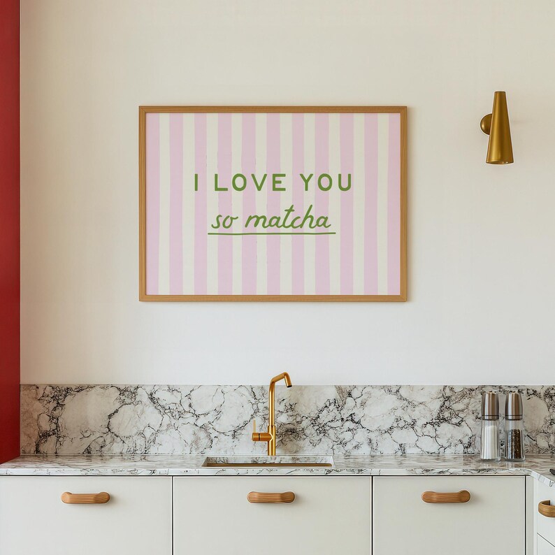 Kitchen Wall Art: I Love You So Matcha Print, Pink Striped Coffee Bar Poster (Digital Download, Horizontal) image 8