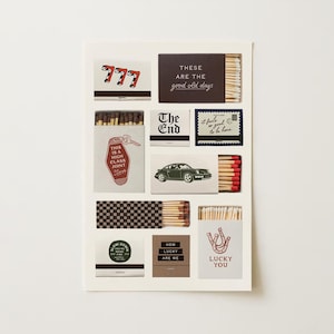 May include: A collection of decorative matchboxes with various designs and text. The matchboxes feature images of a car, a horseshoe, and the text "LUCKY YOU". Other boxes have the text "The End" and "These are the good old days".