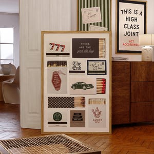 May include: A rectangular framed wall art print featuring a collage of various matchbox designs. The artwork displays multiple matchboxes with diverse graphics, including the number 777, a vintage car, text reading "These are the good old days," "The End," and "Lucky You," alongside visible matchsticks.