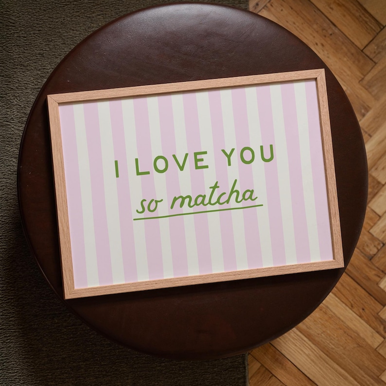 Kitchen Wall Art: I Love You So Matcha Print, Pink Striped Coffee Bar Poster (Digital Download, Horizontal) image 3