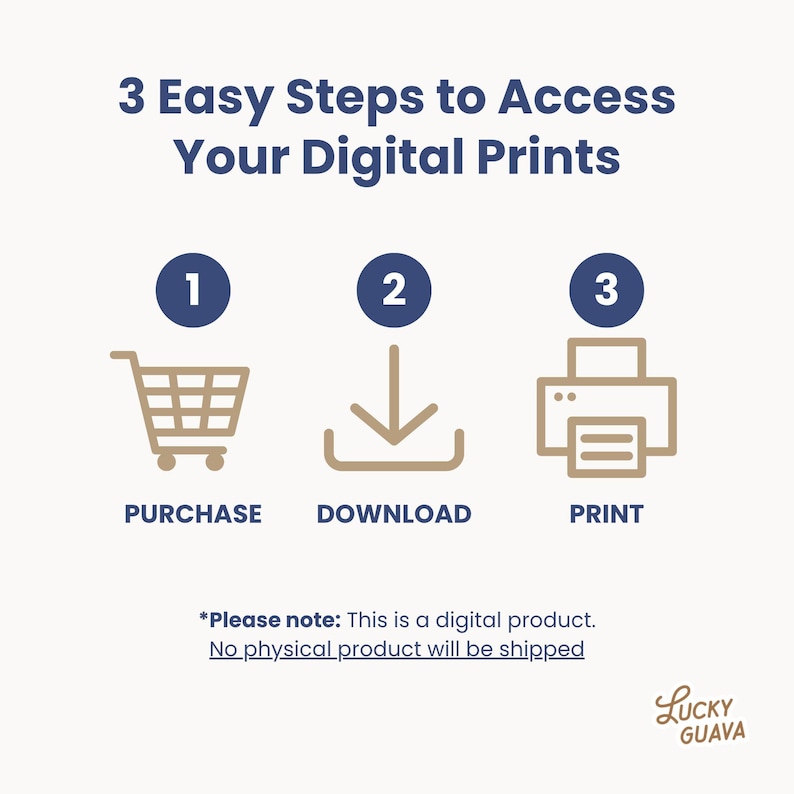 May include: An infographic with the text "3 Easy Steps to Access Your Digital Prints." The steps are represented by a shopping cart, a downward arrow, and a printer, with the words "Purchase," "Download," and "Print" below each icon. The text "Please note: This is a digital product. No physical product will be shipped" is also included.