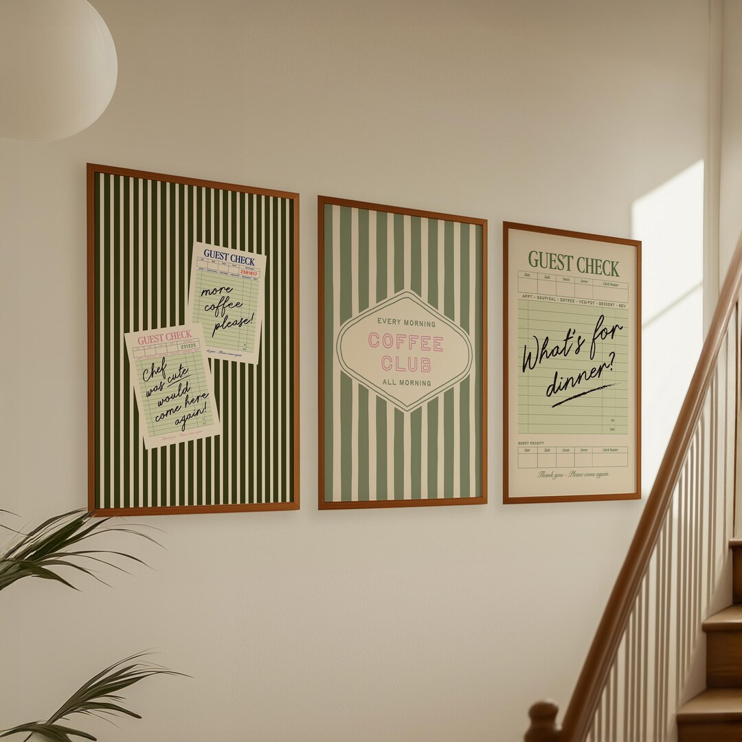 kitchen wall art set retro pie vintage printable... Retro Kitchen Wall Art: Set of 3 Prints, Striped Green Wall Decor ...