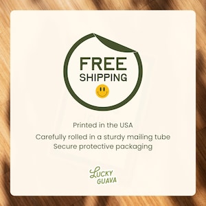 May include: A white square with a green circle containing the words "FREE SHIPPING" and a yellow smiley face. Below, it reads "Printed in the USA" and "LUCKY GUAVA" at the bottom.