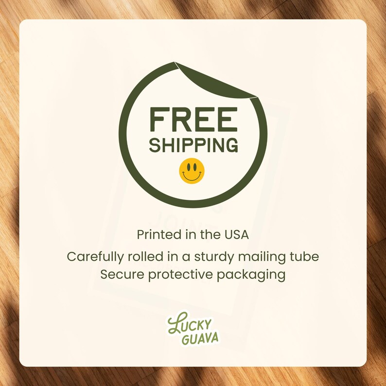 May include: A white square with a green circle containing the words "FREE SHIPPING" and a yellow smiley face. Below, it reads "Printed in the USA" and "LUCKY GUAVA" at the bottom.