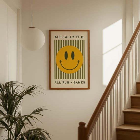 Funny Poster: It is All Fun and Games, Trendy Print, Bauhaus Poster Print, Smiley Face Retro Print (Digital Download)