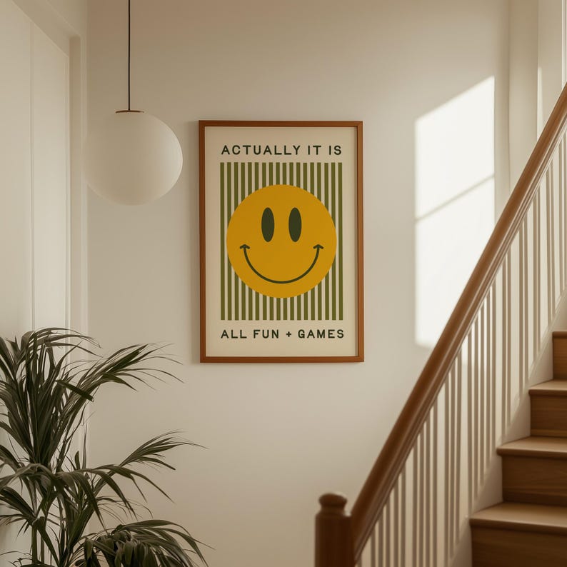 Funny Poster: It is All Fun and Games, Trendy Print, Bauhaus Poster Print, Smiley Face Retro Print (Digital Download)