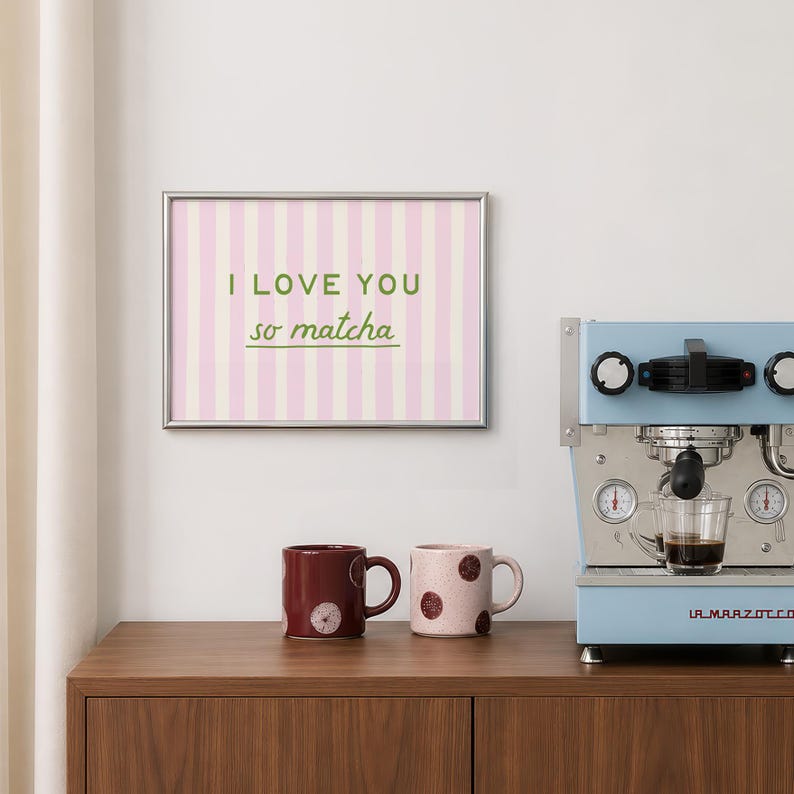 Kitchen Wall Art: I Love You So Matcha Print, Pink Striped Coffee Bar Poster (Digital Download, Horizontal) image 4