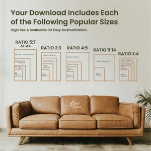 May include: A tan leather sofa with wooden legs is positioned below a wall displaying size ratios for digital downloads. The text "Your Download Includes Each of the Following Popular Sizes" is at the top. The sofa has the text "Lucky Guava" on the center cushion.