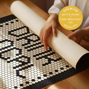 May include: A rolled-up white matte paper print with a black and white geometric pattern is held by a person. The print features a honeycomb design. A yellow circle with text reads "Premium Matte Paper + Fade-Resistant Ink Quality."