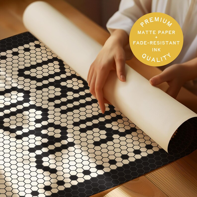 May include: A rolled-up white matte paper print with a black and white geometric pattern is held by a person. The print features a honeycomb design. A yellow circle with text reads "Premium Matte Paper + Fade-Resistant Ink Quality."