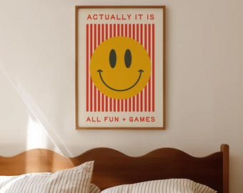 Arte para la sala de juegos: En realidad, todo es diversión y juegos. Lámina con carita sonriente (descarga digital).