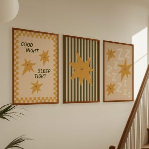 Nursery Wall Art Set of 3: Whimsical Decor, Above Bed Art, Yellow and Sage Green Wall Art (Vertical Digital Download)
