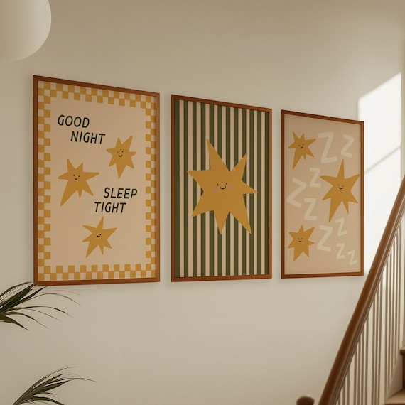 Nursery Wall Art Set of 3: Whimsical Decor, Above Bed Art, Yellow and Sage Green Wall Art (Digital Download, Vertical)