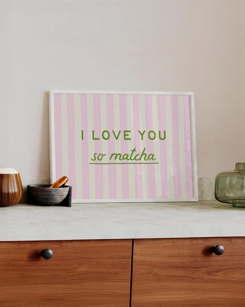 Kitchen Wall Art: I Love You So Matcha Print, Pink Striped Coffee Bar Poster (Digital Download, Horizontal) image 2