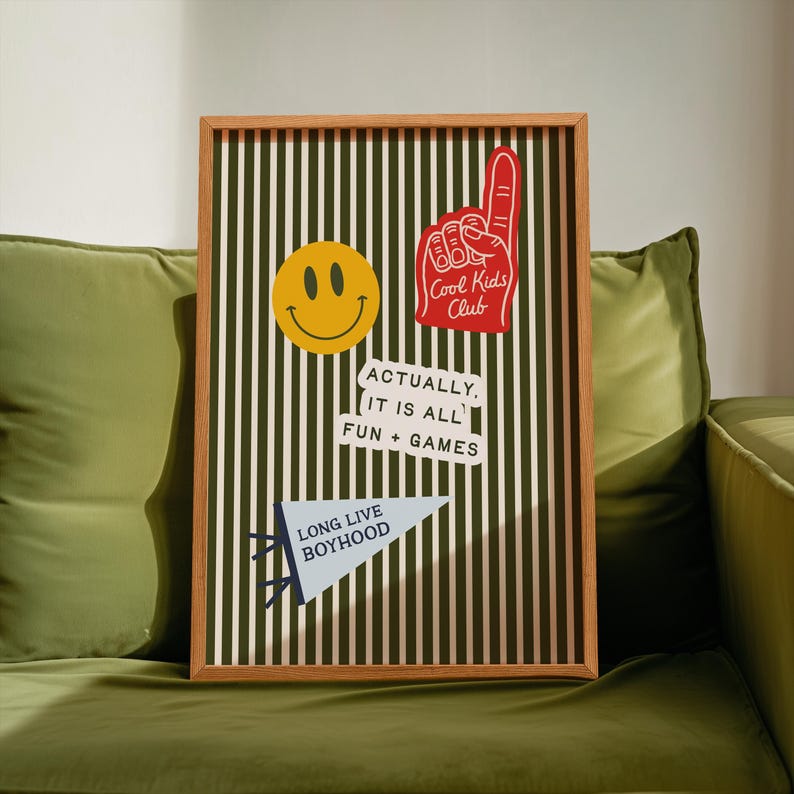 Boys Room Decor: Vintage Stripe Collage Print, Retro Kids Room Wall Art (Unframed, Vertical) image 8