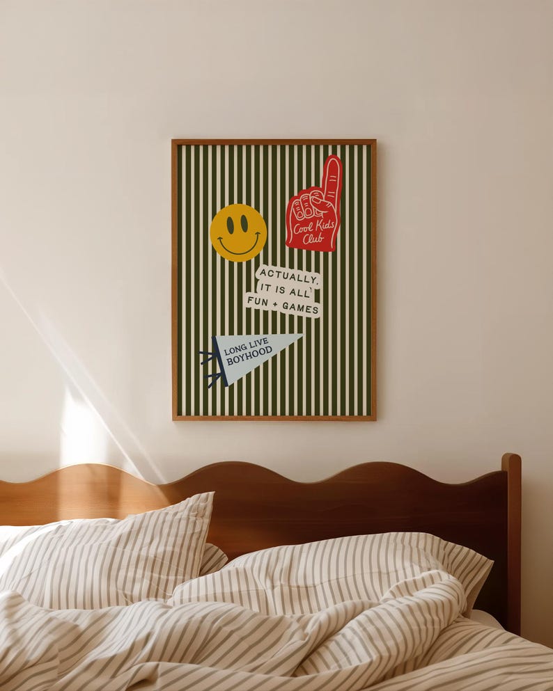 Boys Room Decor: Vintage Stripe Collage Print, Retro Kids Room Wall Art (Unframed, Vertical)
