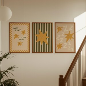 Juego de 3 láminas decorativas para la habitación del bebé: Decoración original, arte para encima de la cama, arte de pared en amarillo y verde salvia (descarga digital, vertical). imagen 9