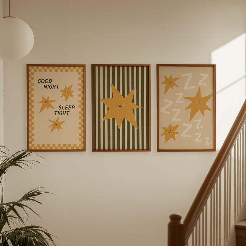 Juego de 3 láminas decorativas para la habitación del bebé: Decoración original, arte para encima de la cama, arte de pared en amarillo y verde salvia (descarga digital, vertical). imagen 9