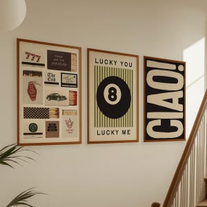 Trendig posteruppsättning med 3 tryck: 8 Ball-tryck, Lucky You Lucky Me, Matchbox-tryck, Ciao, Dopamin-dekorpaket (digital nedladdning)