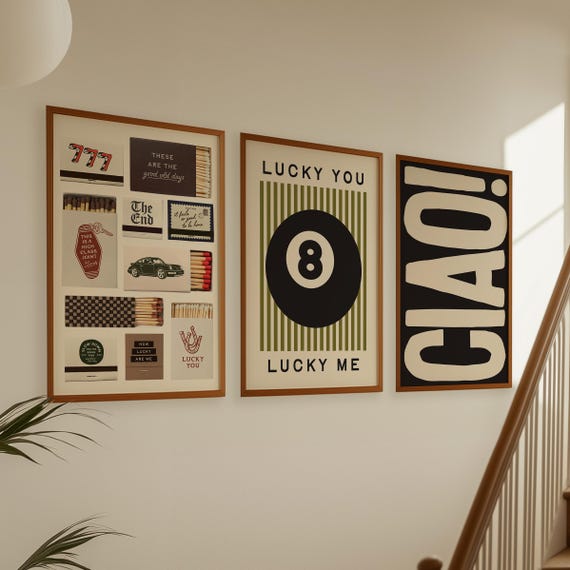 Trendy Poster Set of 3 Prints: 8 Ball Print, Lucky You Lucky Me, Matchbox Prints, Ciao, Dopamine Decor Bundle (Digital Download)