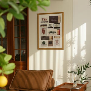 May include: A framed art print featuring various matchbox designs with text and graphics. The designs include the number 777, the words "The End", a vintage car, and the phrase "Lucky You". The frame is gold, and the print is displayed on a white wall.