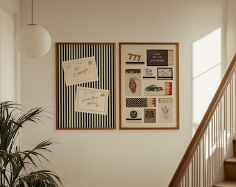 Retro Wall Art Set of 2 Prints: Matchbook Poster and Vintage Postcard Print Bundle, Apartment Decor (Vertical Digital Download)