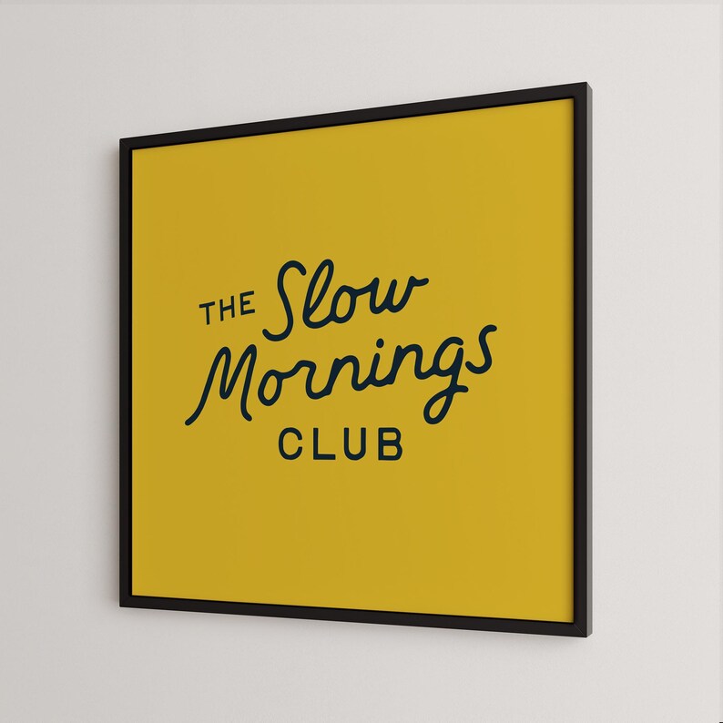 タイポグラフィポスター：Slow Mornings Club、イエローウォールアート、ベッドルームプリント（スクエアデジタルダウンロード） 画像 9