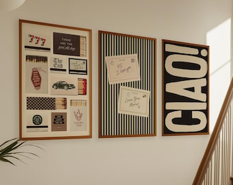 May include: Three framed wall art prints. The left print features a collage of matchbox designs with text including 'These are the good old days', 'The End', and 'Lucky You'. The center print has green vertical stripes with two postcards. The right print says 'CIAO!'.