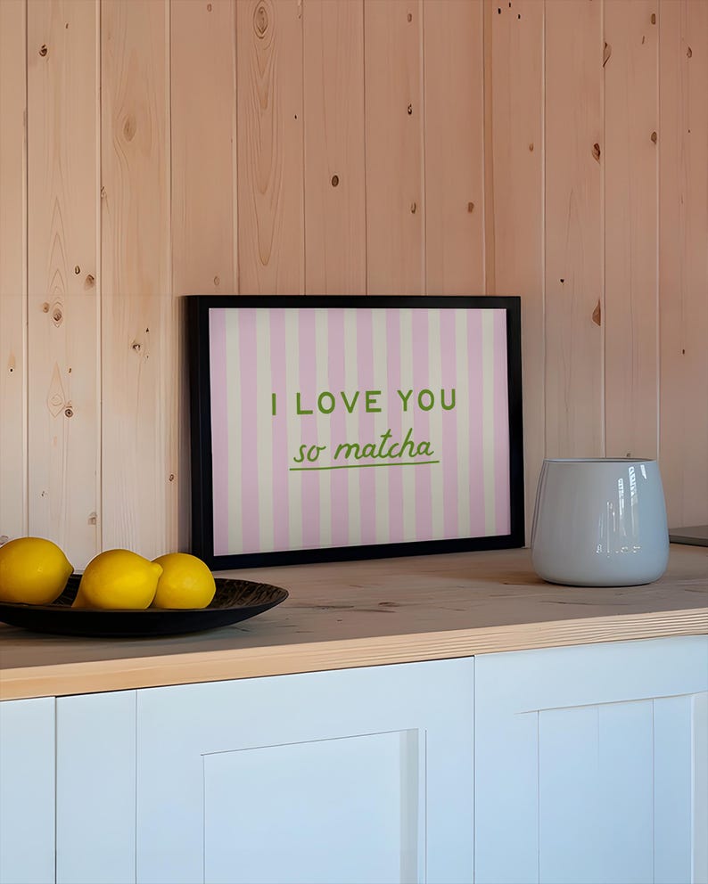 Kitchen Wall Art: I Love You So Matcha Print, Pink Striped Coffee Bar Poster (Digital Download, Horizontal) image 6