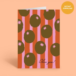 Tarjeta de felicitación imprimible "Olive You" para aniversarios y seres queridos, tarjeta de amor con descarga digital.