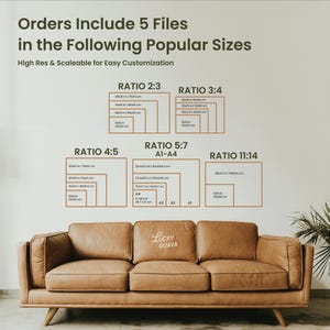 May include: A tan leather sofa with a white wall background. The wall displays a print size guide with text that reads "Orders Include 5 Files in the Following Popular Sizes". The sofa has the text "Lucky Guava" on the center cushion.
