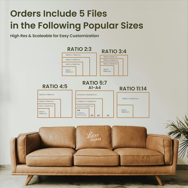May include: A tan leather sofa with a white wall background. The wall displays a print size guide with text that reads "Orders Include 5 Files in the Following Popular Sizes". The sofa has the text "Lucky Guava" on the center cushion.