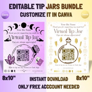 Mystical Purple & Celestial Gold Tip Jar Canva Template Bundle, Spiritual Aesthetic, Crystals, Witchcraft, Venmo Cash App, Instant Download