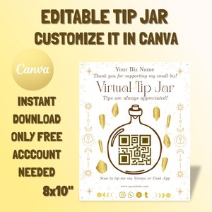 Gold Crystal Virtual Tip Jar Canva Template, Editable QR Code Tip Sign, Celestial Yellow Small Biz Flyer, Venmo Cash App, Instant Download