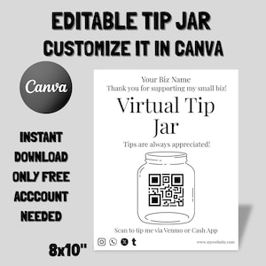Barattolo per mance virtuale semplice, modello Canva, barattolo per mance in bianco e nero, modifica facile e veloce, download immediato, forniture per piccole imprese,
