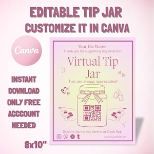 Pink Virtual Tip Jar Template: Salon QR Code Sign (Canva Customizable, Instant Download)
