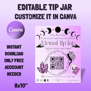 Purple Witchcraft Mystical Virtual Tip Jar Canva Template Spiritual Tip Sign, QR Code Tip Flyer, Tarot Crads, Crystals Theme, Venmo Cash App