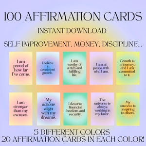 100 tarjetas de afirmación imprimibles para el amor propio, el crecimiento económico y la mentalidad: tarjetas con citas positivas, tablero de visión, descarga instantánea, imprimibles