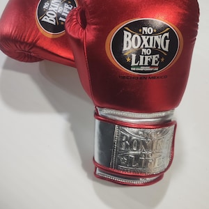 May include: Pair of red boxing gloves with silver wrist straps. Each glove features the text "NO BOXING NO LIFE" in a circular design. The gloves are made in Mexico.