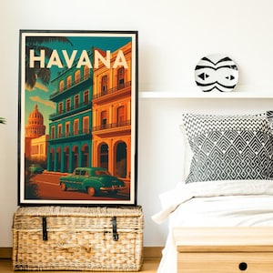 Havana Printable Wall Art – Vintage Cuba Travel Poster with Classic Car & Sunset Colors, Retro Digital Download