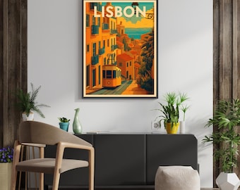 Lissabon Reiseplakat - Vintage Lissabon Wandkunst Druck, digitaler Download von Portugal Tram-Szene